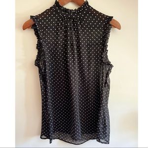 Black with white polka dot sleeveless blouse, size medium